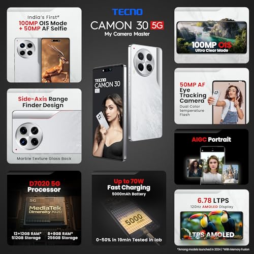 TECNO Camon 30 5G – 16GB RAM + 512GB ROM, Global Edition, AMOLED Display, 50MP Camera