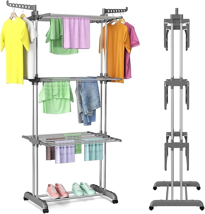Toworld 4-Tier Folding Clothes Drying Rack – Stainless Steel Laundry Dryer Stand with 2 Adjustable Wings | Space-Saving Free-Standing Design