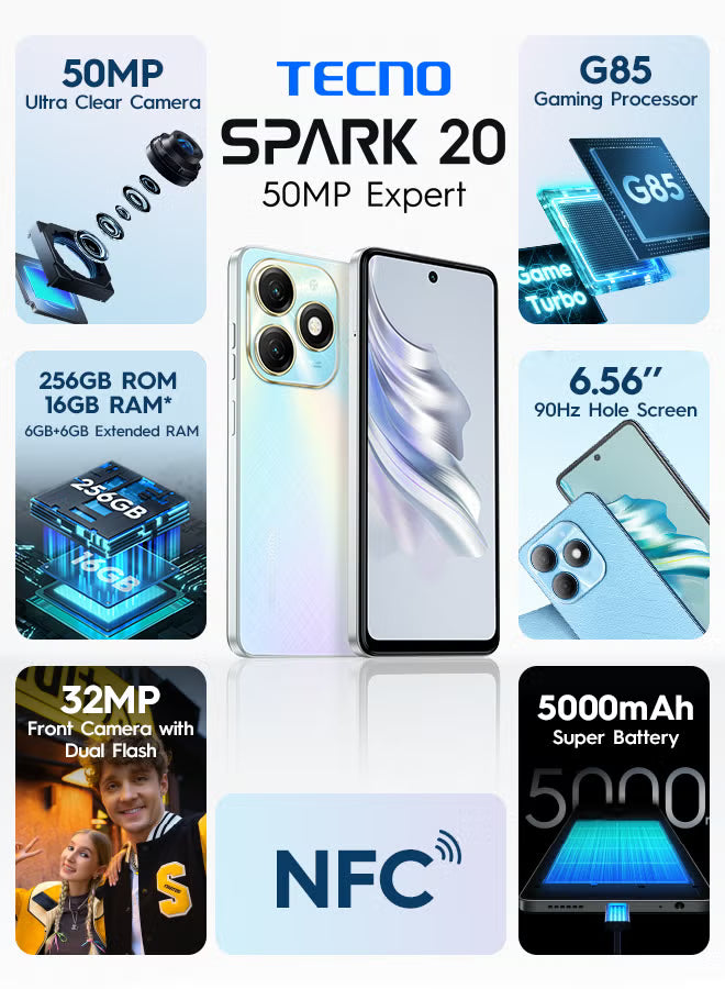 Spark 20 Dual SIM 4G – 8GB RAM + 256GB ROM, 6.56″ HD+ Display, 50MP Rear / 32MP Front Camera, 5000 mAh Battery, Cyber White (Middle East Version)