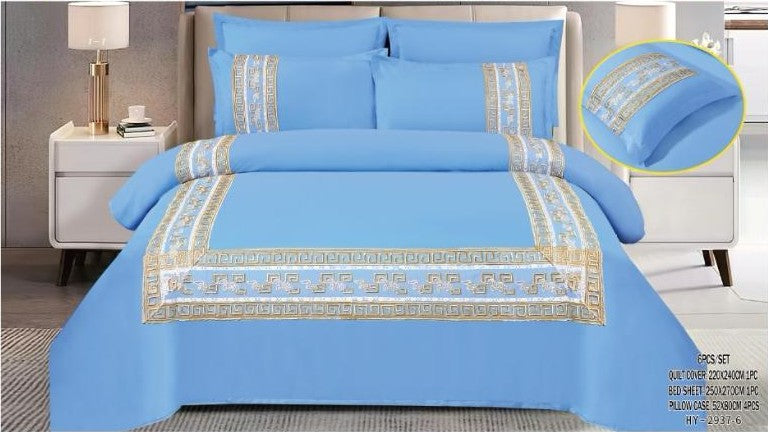 Italian Fashion 6-Piece King Bedding Set – Sky Blue & Gold Elegance (100% Cotton)