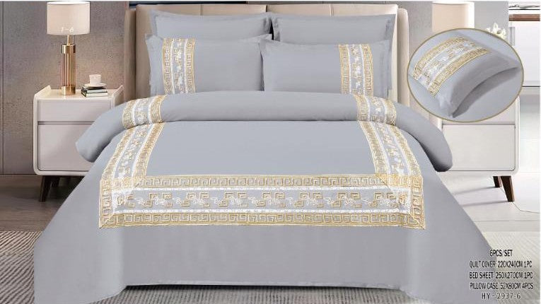 Italian Fashion 6-Piece King Bedding Set – Grey & Gold Royal Touch (100% Cotton)