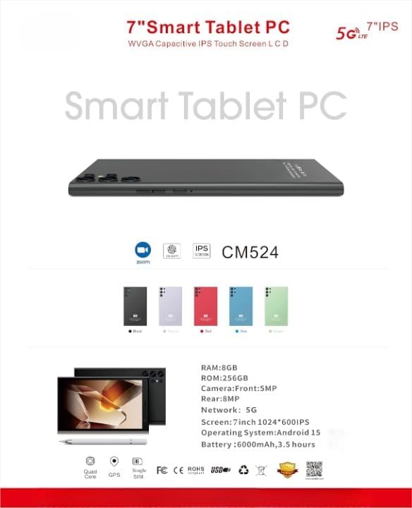 CM524 7-inch Tablet, 5g Tablet Single SIM WiFi, Kids Tab Zoom Tiktok and Chat GPT Supported Dual Camera, Android 15 Slim Tablet with Stylus (Blue)