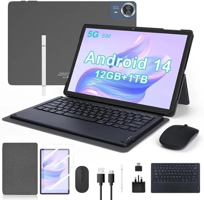 CM14000 Plus 14-Inch Android Tablet – Dual 5G, 12GB RAM, 1TB Storage – FHD Display, 20000mAh Battery, Includes Keyboard & Stylus (Black)