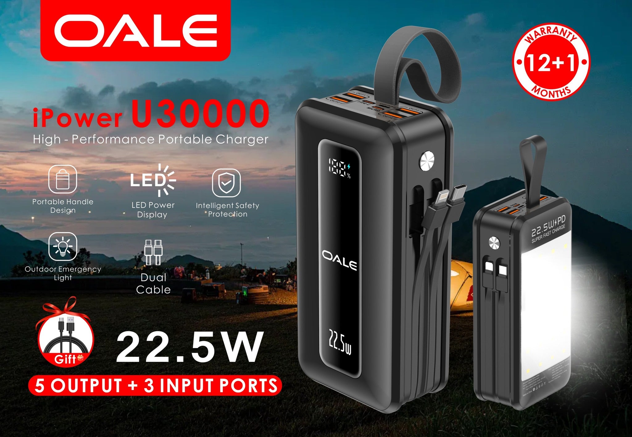 OALE iPower U30000 Power Bank – 30000mAh, 22.5W Fast Charging, 5 Outputs + 3 Inputs, LED Display & Emergency Light
