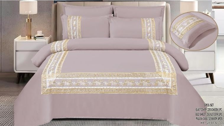 Italian Fashion 6-Piece King Bedding Set – Lilac & Gold Grace (100% Cotton)