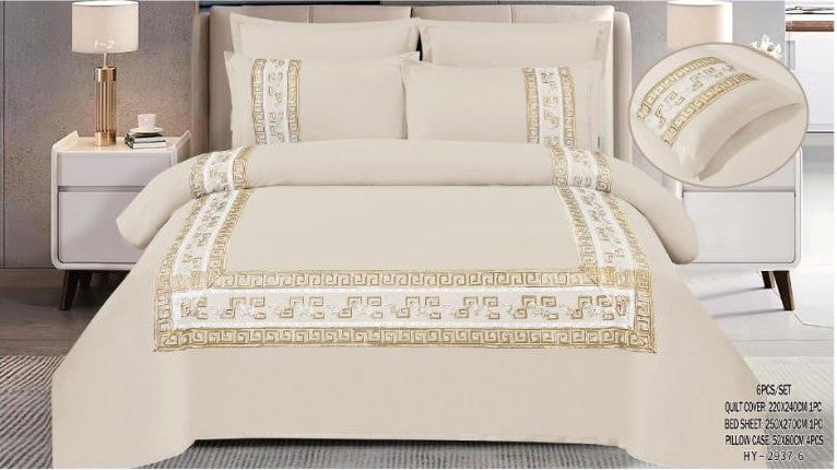 Italian Fashion 6-Piece King Bedding Set – Beige & Gold Harmony (100% Cotton)