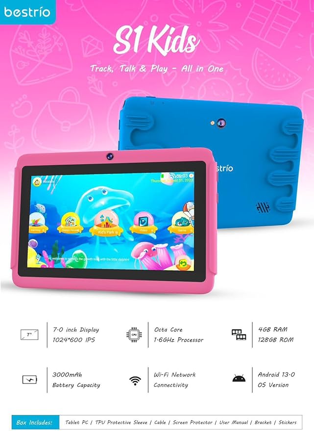 Bestrio S1 Kids Tablet, 7-inch IPS Display, 4GB RAM, 128GB Storage, Android 13.0, WiFi, 3000mAh Battery