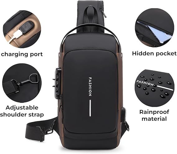 Men’s Anti-Theft Sling Bag – PU Leather Crossbody Shoulder Chest Bag, Large Size, Black & Gold