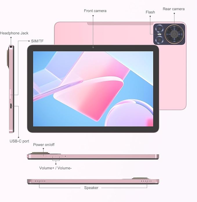 CM8300 Plus 10.1 Inches Tablet,Android 14 Tab,5G Tablet Dual SIM 8GB RAM 1TB ROM,10000mAh Battery With Bluetooth Keyboard,Mouse and Speaker (Pink)