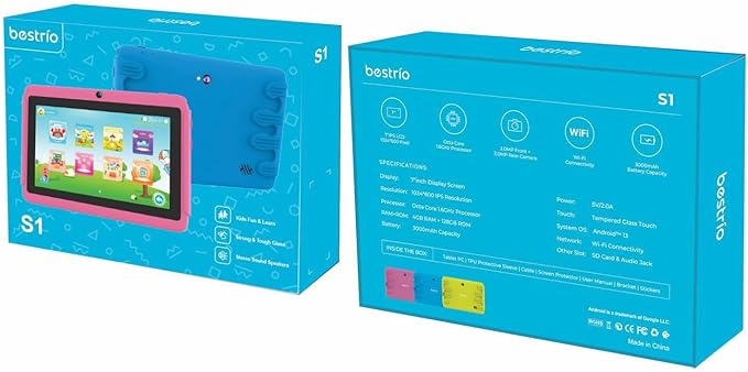 Bestrio S1 Kids Tablet, 7-inch IPS Display, 4GB RAM, 128GB Storage, Android 13.0, WiFi, 3000mAh Battery