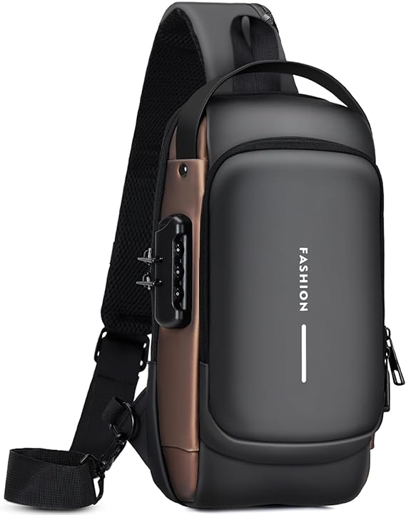 Men’s Anti-Theft Sling Bag – PU Leather Crossbody Shoulder Chest Bag, Large Size, Black & Gold