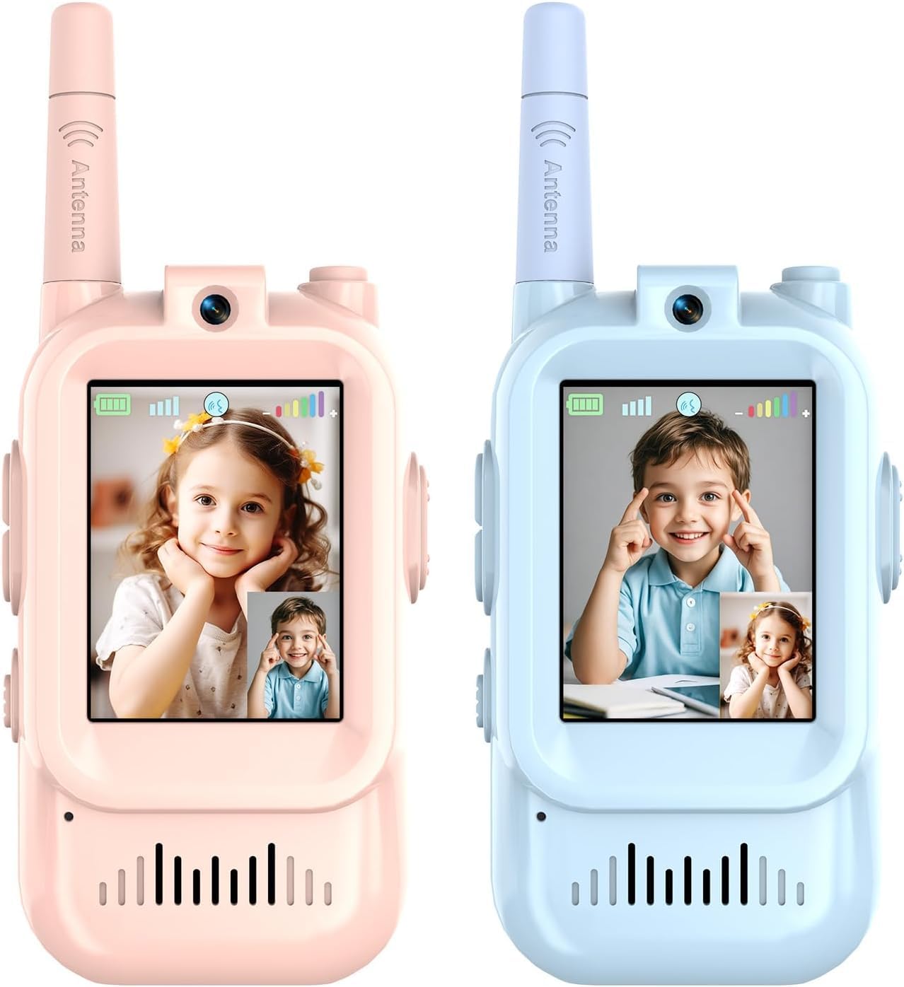 2 Pack Video Walkie Talkies for Kids – Long Range with Camera, Voice Changer, Real-Time Video Intercom, Rechargeable, Lightweight, Pink & Blue
