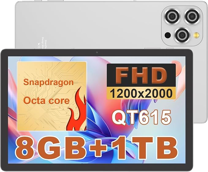 CM10016 Plus Smart Tablet PC, 10.36 Inches 2K Display, Snapdragon QT615, 8GB RAM, 1TB Storage, 16MP Rear & 13MP Front Camera, Android 15, 10000mAh Battery, Silver.