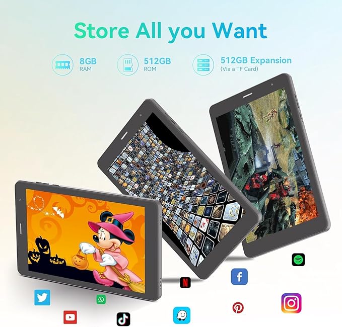 CM828 8 inch Tablet, Android 13.0 Tablet with SIM Card Slot & Wifi 8GB RAM,512GB ROM Storage Dual 5MP+8MP Camera HD IPS Display, (Black)