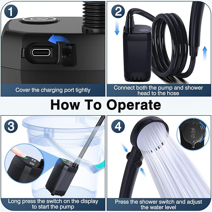 🚿 Portable Camping Shower | 6000 mAh Rechargeable Electric Shower Pump | Smart Digital Display | Outdoor Shower for Camping, Hiking, RV Travel & Pet Cleaning