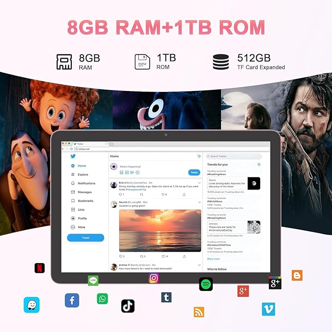 CM8300 Plus 10.1 Inches Tablet,Android 14 Tab,5G Tablet Dual SIM 8GB RAM 1TB ROM,10000mAh Battery With Bluetooth Keyboard,Mouse and Speaker (Pink)