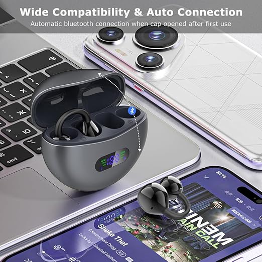 Open-Ear Clip Wireless Earbuds – Bluetooth 5.4, Black