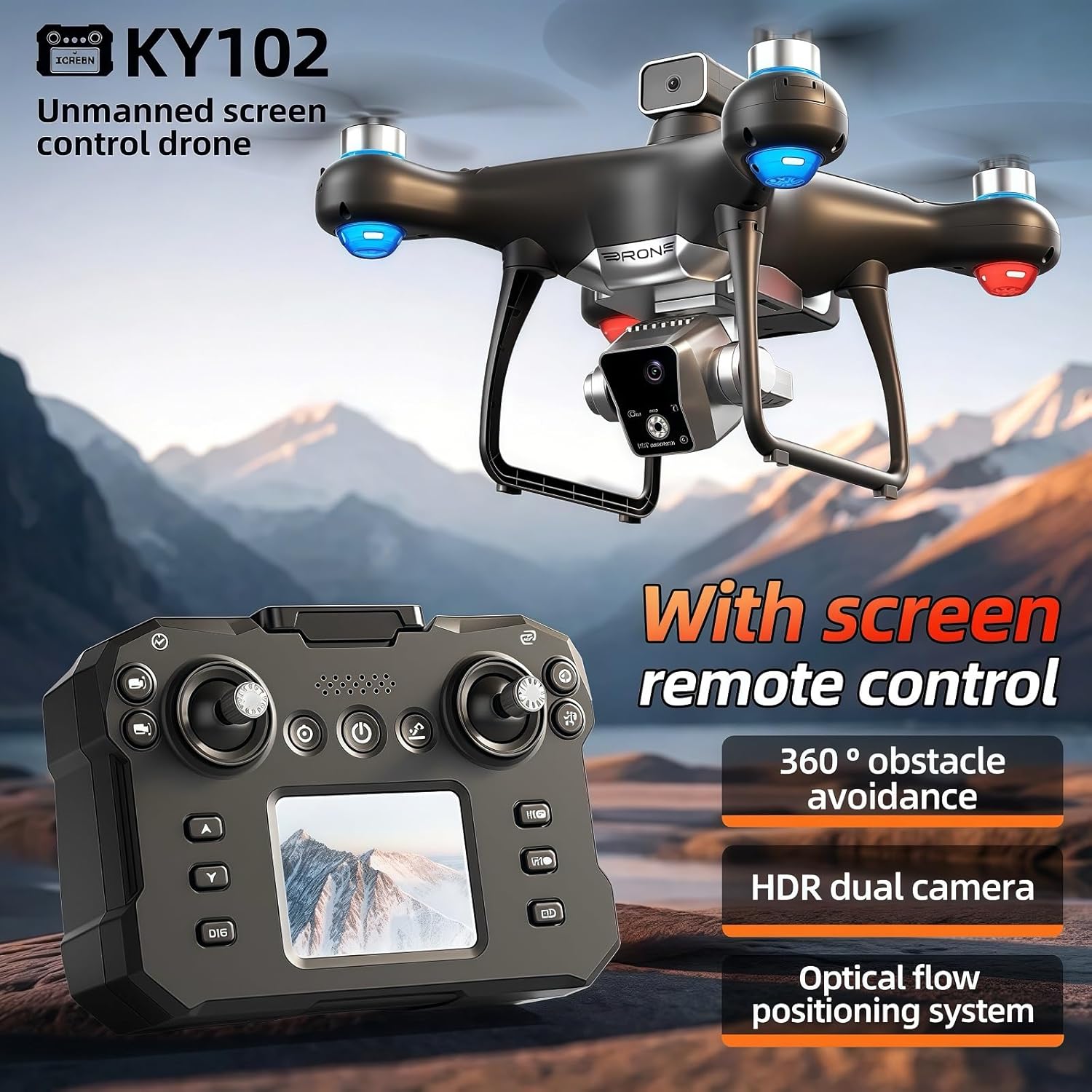 Professional 4K Drone with Screen Controller with SD card, Brushless Motor, Optical Flow Localization, Active Obstacle Avoidance