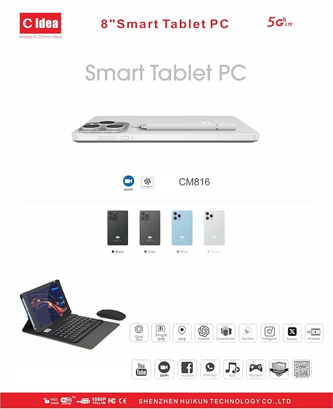 8-Inch IPS Smart Tablet PC with Wireless Keyboard & Mouse | 8GB RAM | 512GB ROM | Dual Camera | Single SIM 5G LTE | Wi-Fi | GPS | Android Tablet for Students CM816 (Black)