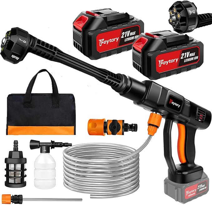 Cordless Pressure Washer – 45 Bar / 652 PSI Portable Power Cleaner with 2× 3.0Ah Batteries, 6-in-1 Nozzle & 5 m Hose for Car, Floor & Garden Cleaning