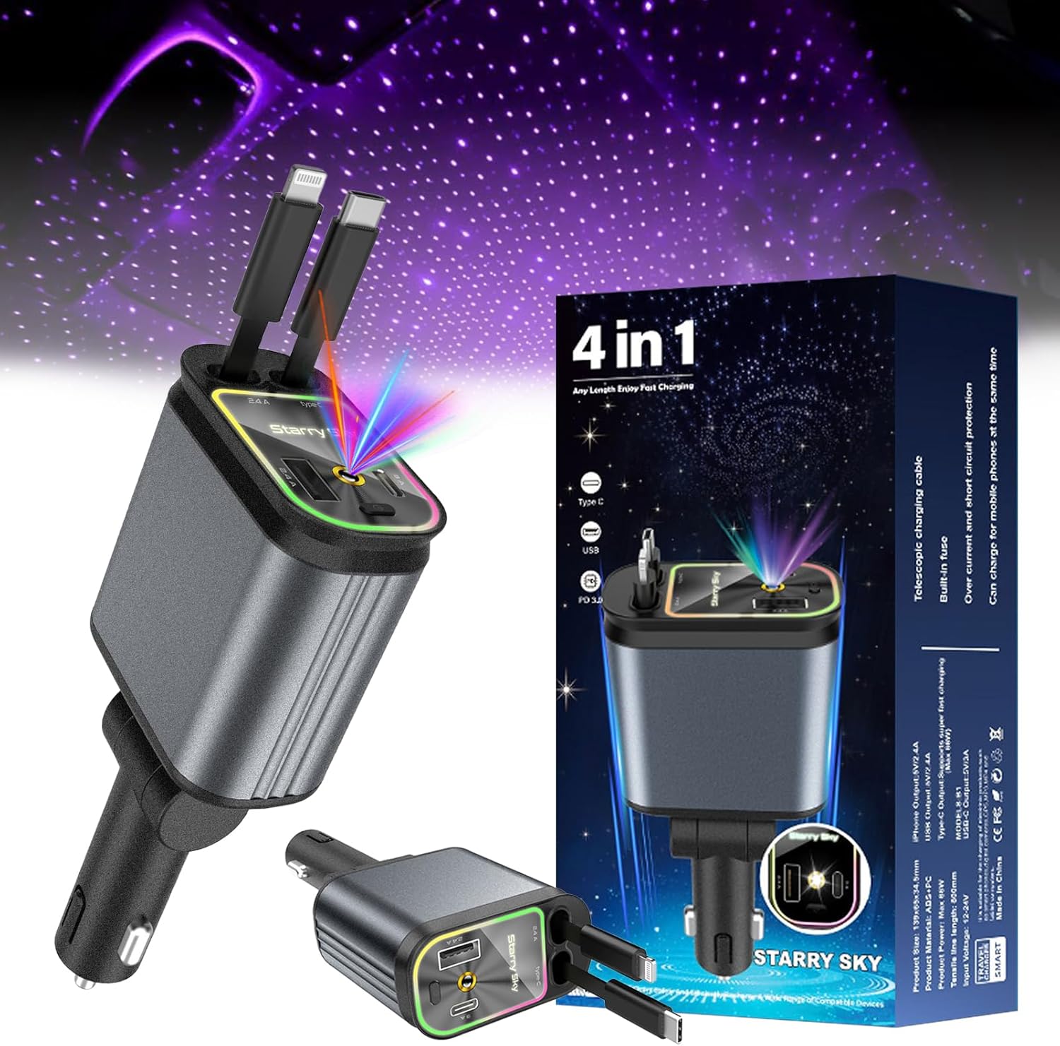 4 in 1 Car Charger, Starry Sky Projector, Retractable Car Charger, USB C Quick Charger, Car Accessories