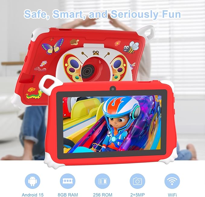 C idea CM86 Kids Tablet 7 Inch – Android 15, 8GB RAM 256GB ROM, Parental Control & IWAWA Apps, Best Gift for Toddlers (Red)