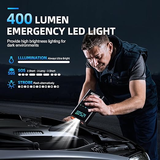 Heavy-Duty Car Battery Booster & Tire Inflator – Smart LCD & Emergency Light