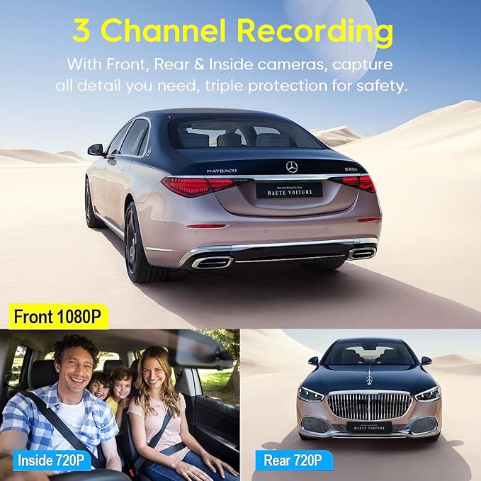 4K 3-Channel Dash Cam WiFi – 24H Parking Monitor, IR Night Vision