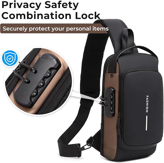 Men’s Anti-Theft Sling Bag – PU Leather Crossbody Shoulder Chest Bag, Large Size, Black & Gold
