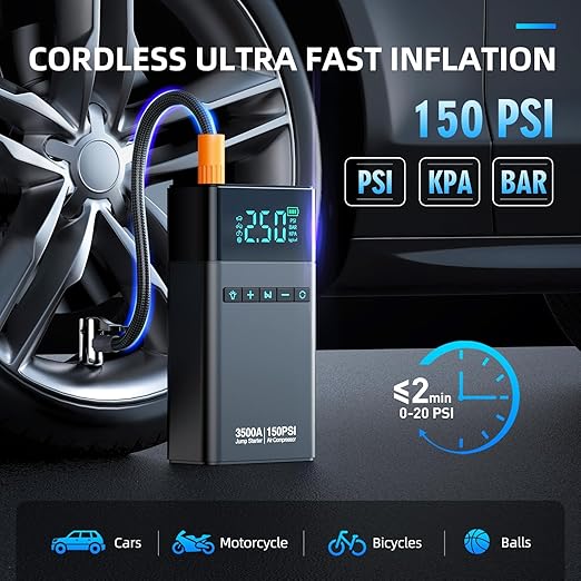 Heavy-Duty Car Battery Booster & Tire Inflator – Smart LCD & Emergency Light