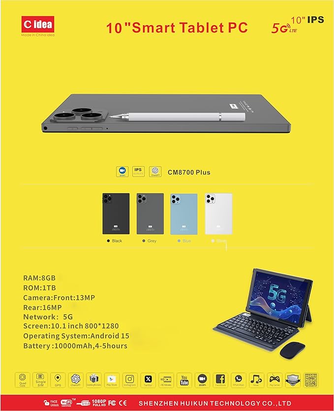 C idea CM8700 Plus 10-Inch Android 15 Tablet, 8GB RAM 1TB Storage, Tablet with Keyboard, Mouse & Protective Cover, 5G LTE + Wi-Fi, Dual Camera (Black)