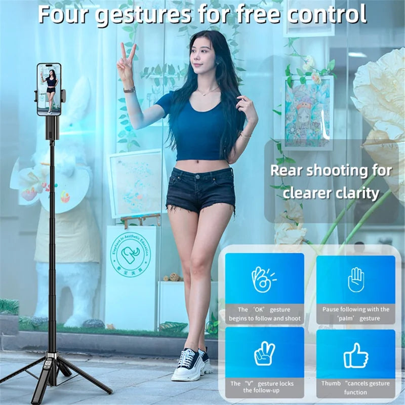 AI Smart Tracking Selfie Stick & Tripod – 360° Auto Face Follow with Gesture Control
