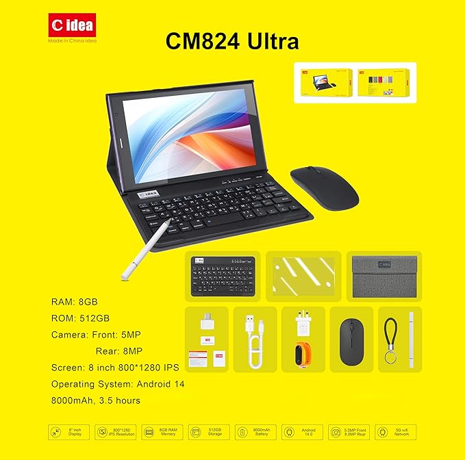 CM824 Ultra 8-inch Tablet, 5g Tablet Single SIM WiFi, Kids Tab Zoom Tiktok Supported Dual Camera, Android 14 Slim Tablet with Keyboard and Mouse (Black)