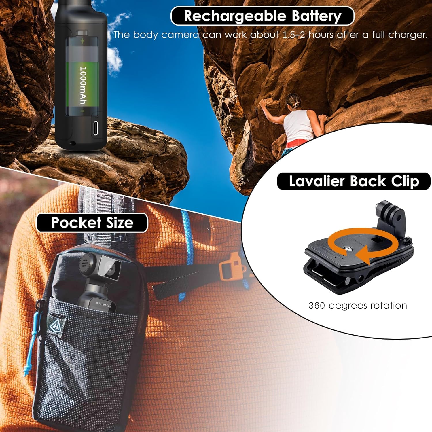 HandiCam 4K Body Camera with External Microphone |Rotation & Image Stabilization |  Portable Wearable Recording Device