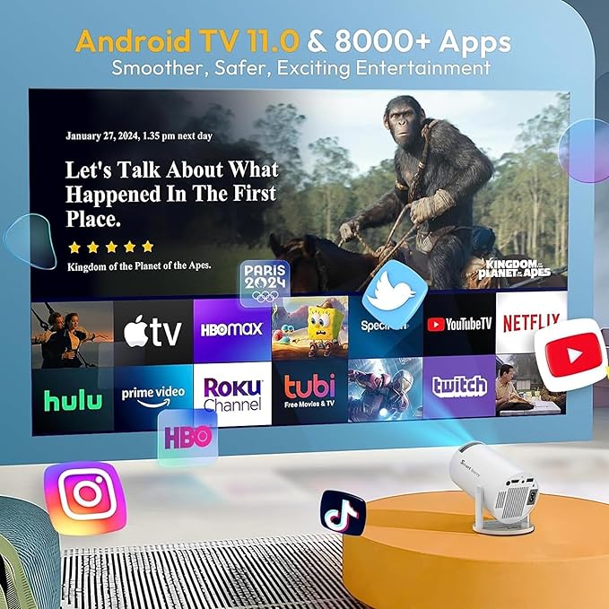 Portable 4K 1080P Mini Projector – WiFi, Bluetooth & Android OS with 8000+ Apps