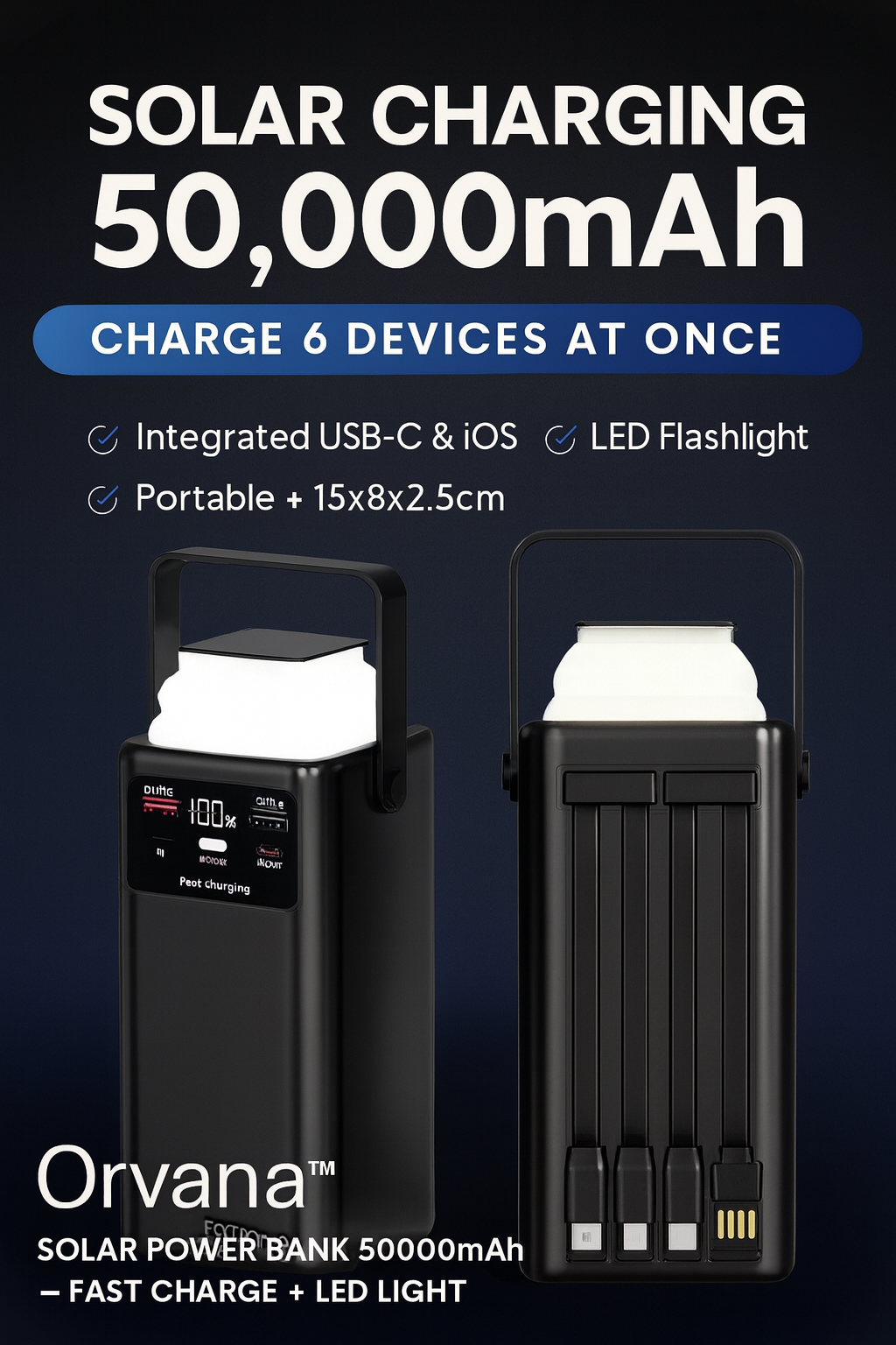 Orvana™ Solar Power Bank 50000mAh – Fast Charge + LED Light