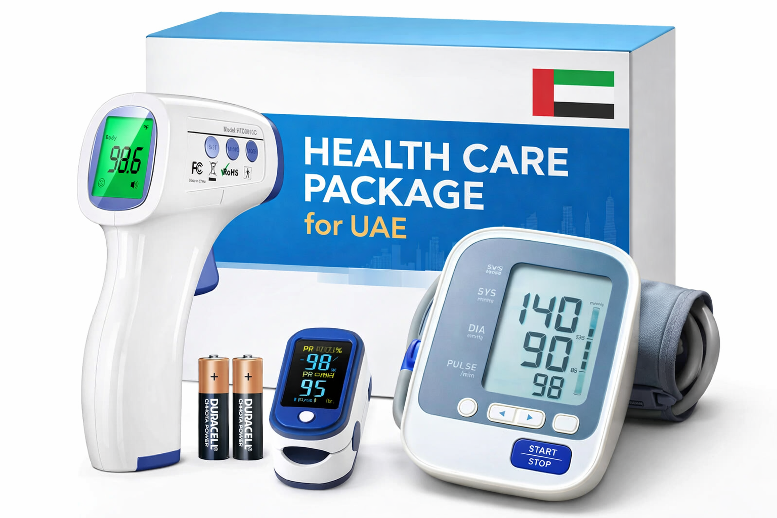 Premium 3-in-1 Health Care Package for Home Use – Infrared Thermometer, Finger Pulse Oximeter & Digital Blood Pressure Monitor