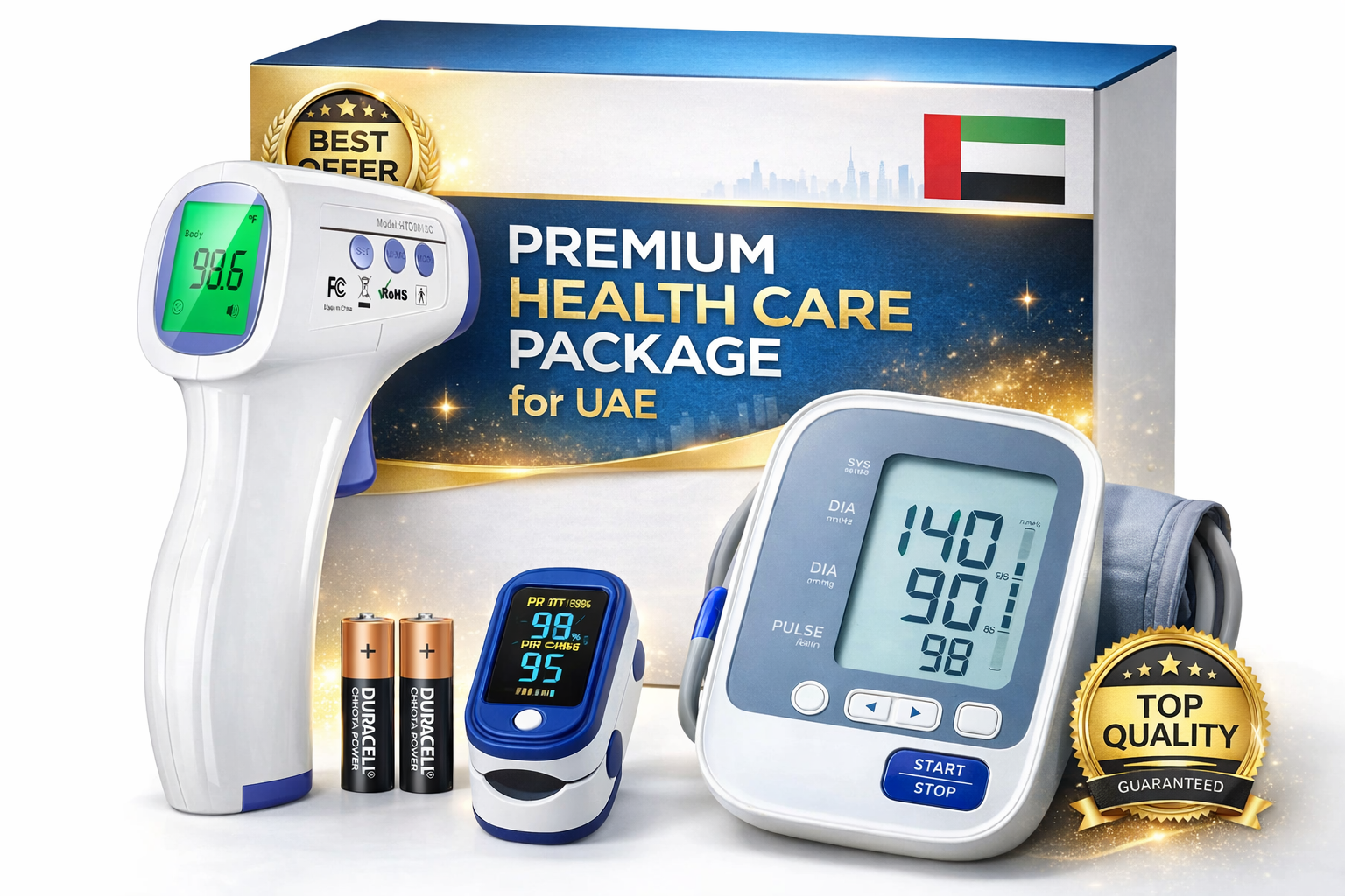 Premium 3-in-1 Health Care Package for Home Use – Infrared Thermometer, Finger Pulse Oximeter & Digital Blood Pressure Monitor