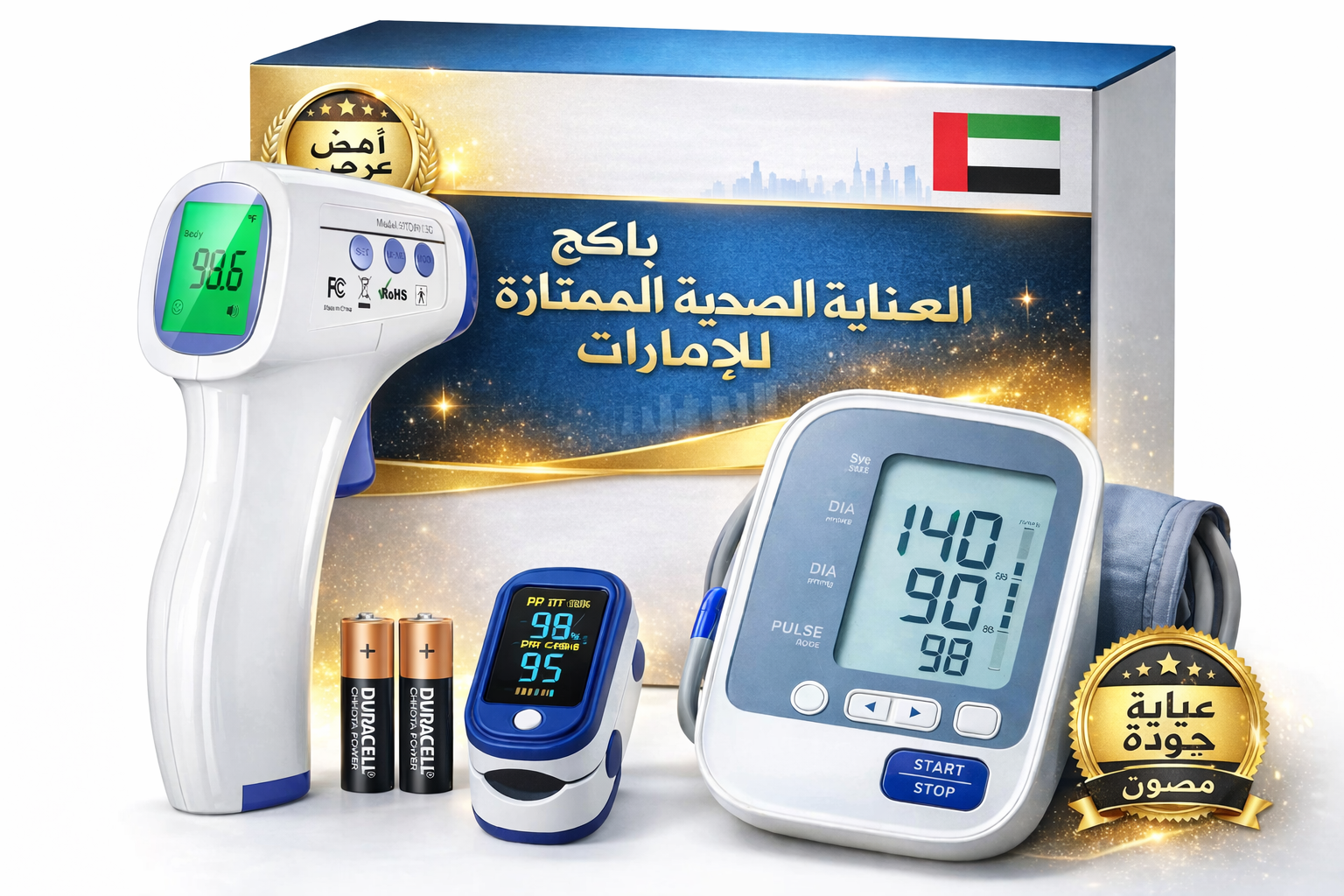 Premium 3-in-1 Health Care Package for Home Use – Infrared Thermometer, Finger Pulse Oximeter & Digital Blood Pressure Monitor