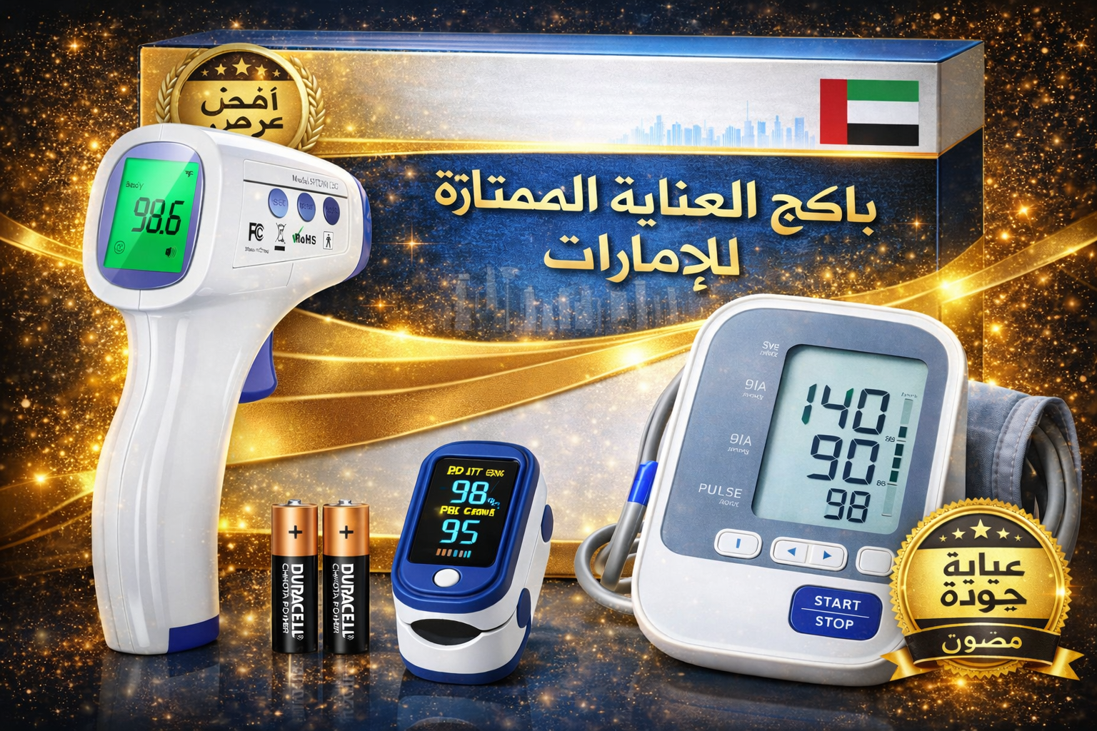 Premium 3-in-1 Health Care Package for Home Use – Infrared Thermometer, Finger Pulse Oximeter & Digital Blood Pressure Monitor