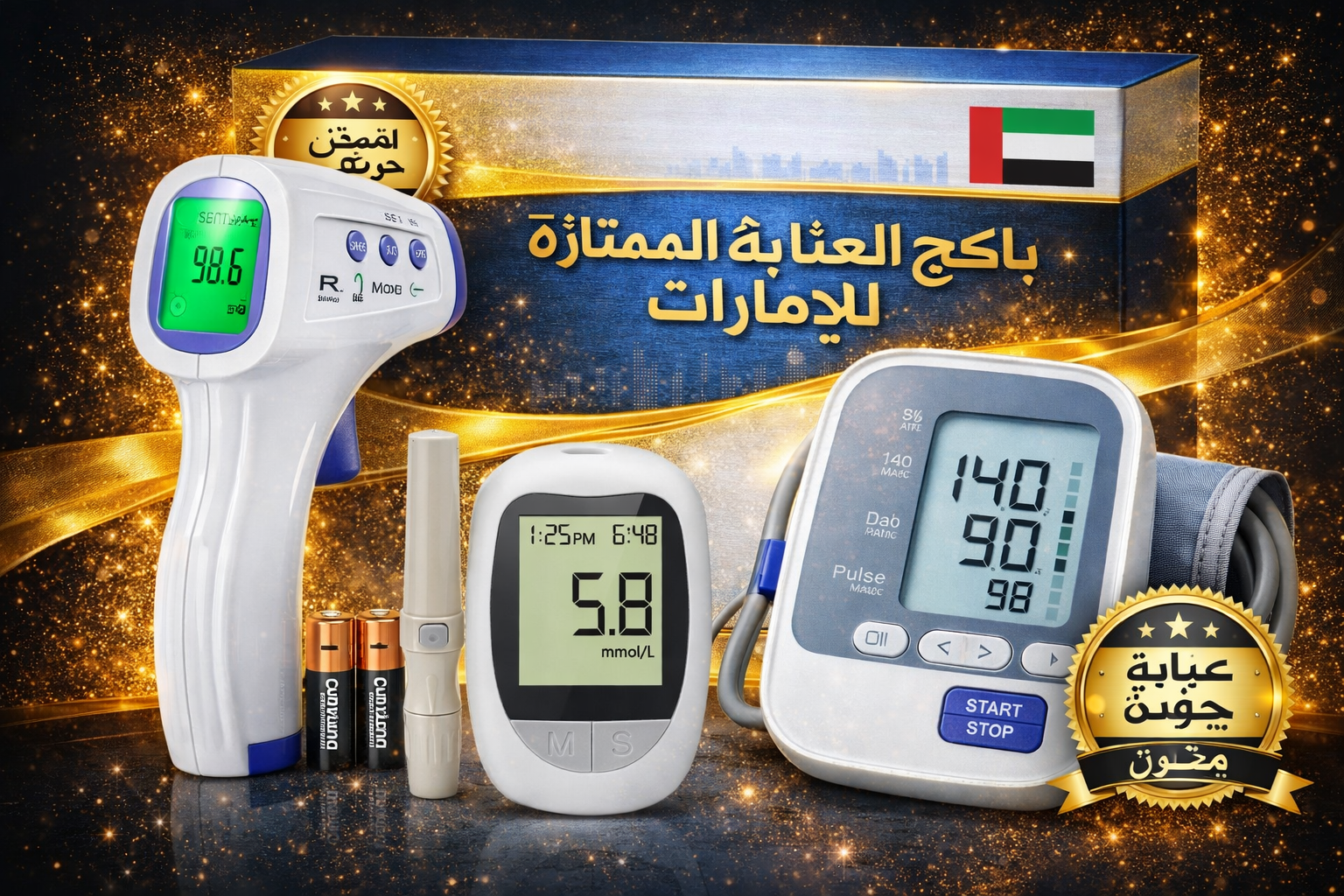 Premium 3-in-1 Health Care Package for Home Use – Infrared Thermometer, Finger Pulse Oximeter & Digital Blood Pressure Monitor