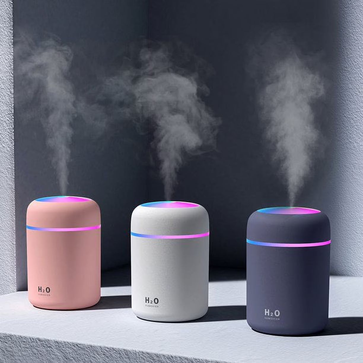 Set 2 Mini Portable Humidifiers – 300ML, RGB Light, White