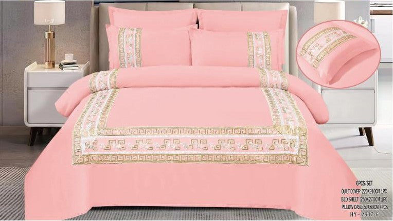 Italian Fashion 6-Piece King Bedding Set – Pink & Gold Perfection (100% Cotton)